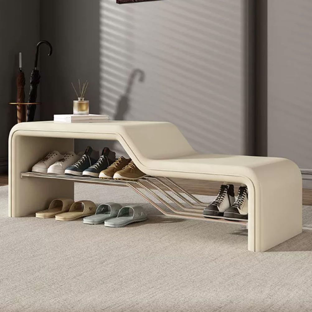 LWJSOCP Entryway Shoe Storage BenchShoe Rack Bench with Leather Padded2 Tier Shoes Rack StoolUpholstered Shoes Changing Stool for Hallway Living Room Bedroom PorchGray (White)