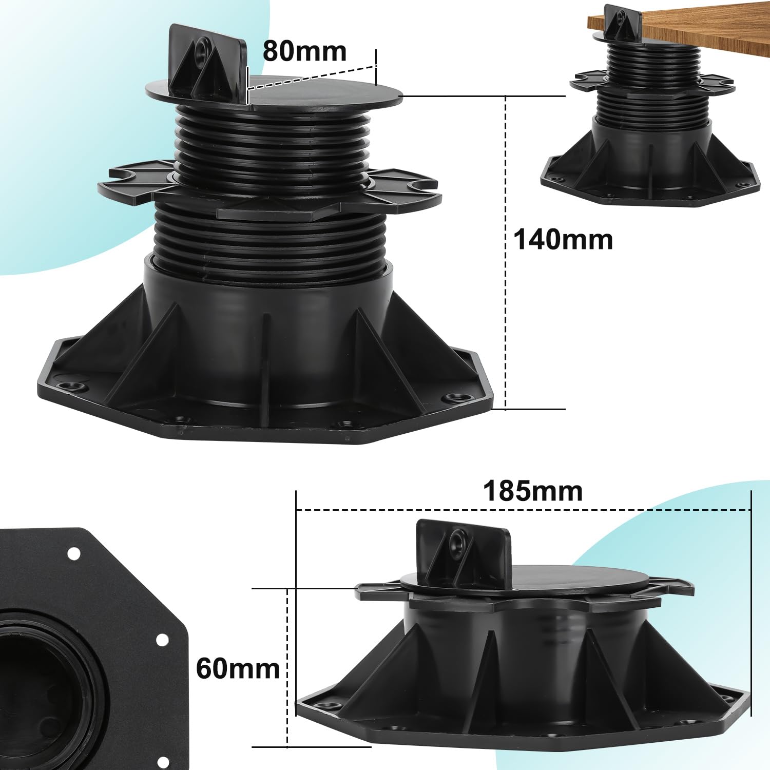 Plots terrasse réglable hauteur de 60-140 mm, Fini mat, 100x | Polypropylène, pour dalles de terrasse bois WPC, capacité de charge forte, résistant à l'usure et aux intempéries