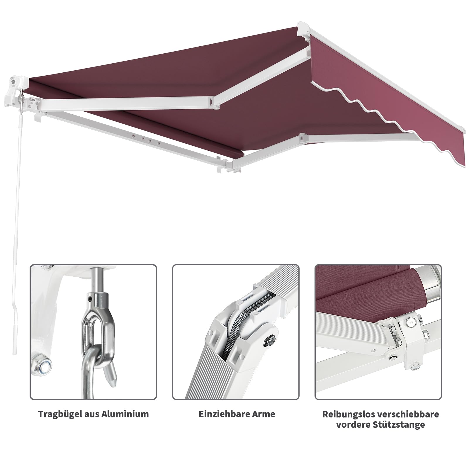 Dripex Markise 200 x 150 cm Manuelle Gelenkarmmarkise Wasserdicht und Sonnenschutz, Terrassenmarkise Größen wählbar, Sonnenmarkise für Terrasse Balkon, Gelenkmarkise Weinrot, Montage erforderlich