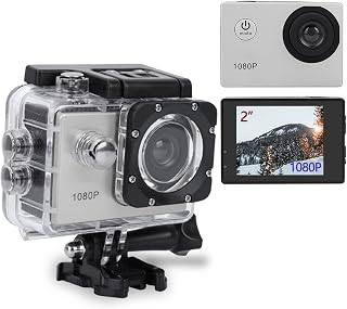 Yunir Waterproof Action Camera Set, 1080P HD 2inch LCD Screen 30m Depth 140° Waterproof Cycling Diving Sport Camera Kit with With Bicycle Bracket and Other Accessories(Silver)