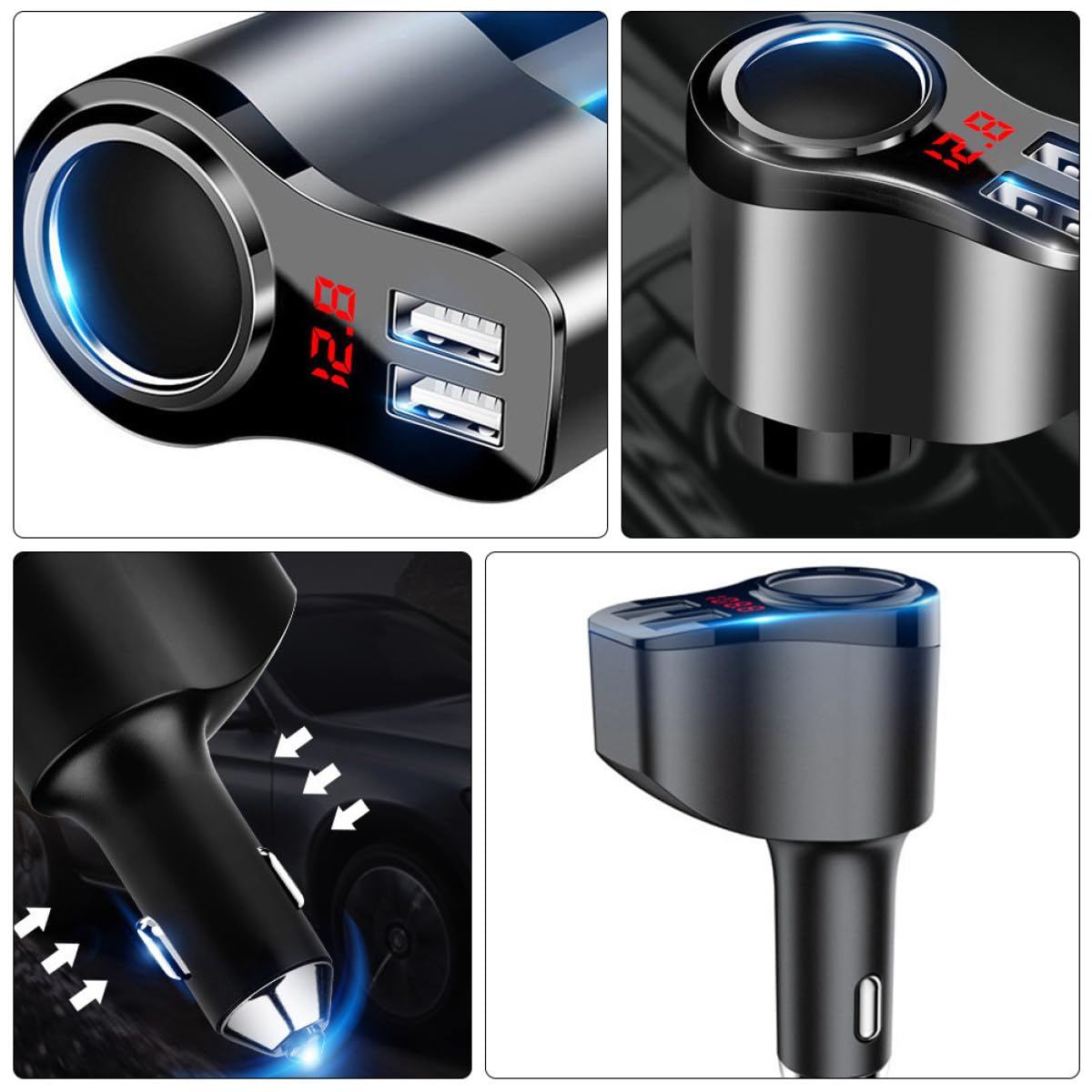 Cargador Rápido para Móvil de Coche con Doble USB y Pantalla LED Carcasa Metálica Resistente con Protección contra Sobrecarga Compatible para Múltiples Modelos