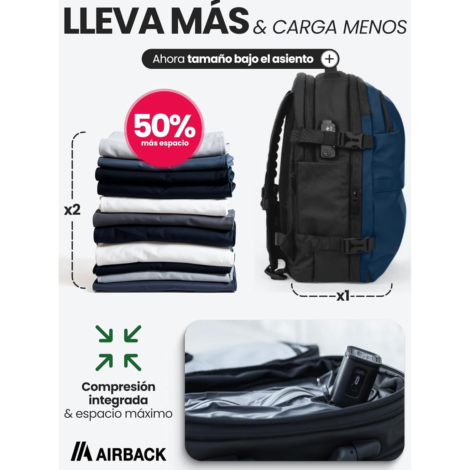 Airback GO Mochila Viaje Vacio - 16-32L, Mochila de Compresión al Vacío, Mochila Cabina, Bolsas de Viaje Ligeras y Ampliables, Cómodas y Resistentes al Agua, Azul