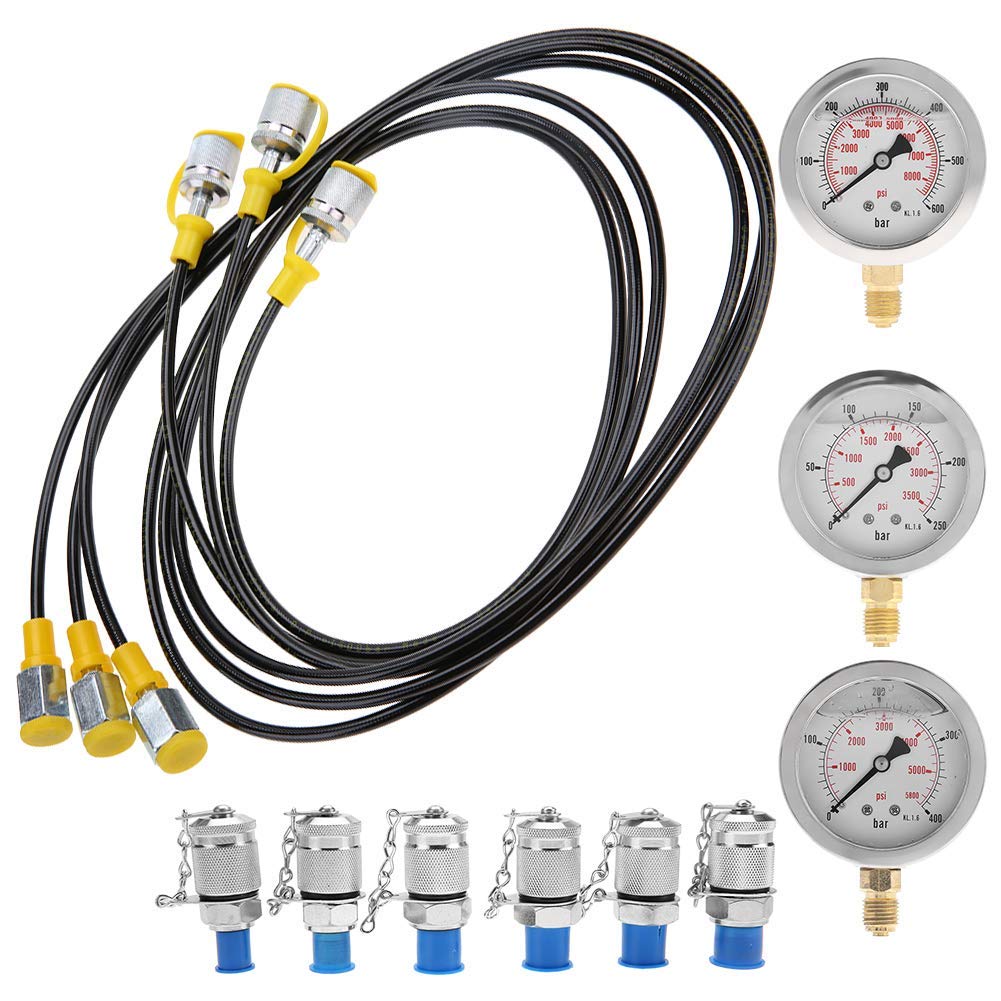 Testeur hydraulique avec boîte de transport, testeur de pression hydraulique, coffret de test, manomètre Ø 63 mm (250/400/600 bar), tuyau de test 1500 mm, raccord G1/4, R1/4