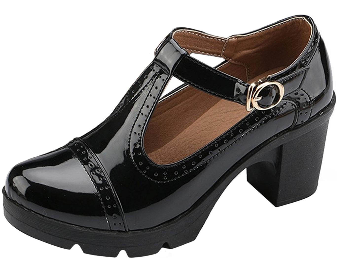 Womens Vintage T-Strap Brogue Dress Shoes Chunky Mid-Heel Oxfords Saddle Shoes