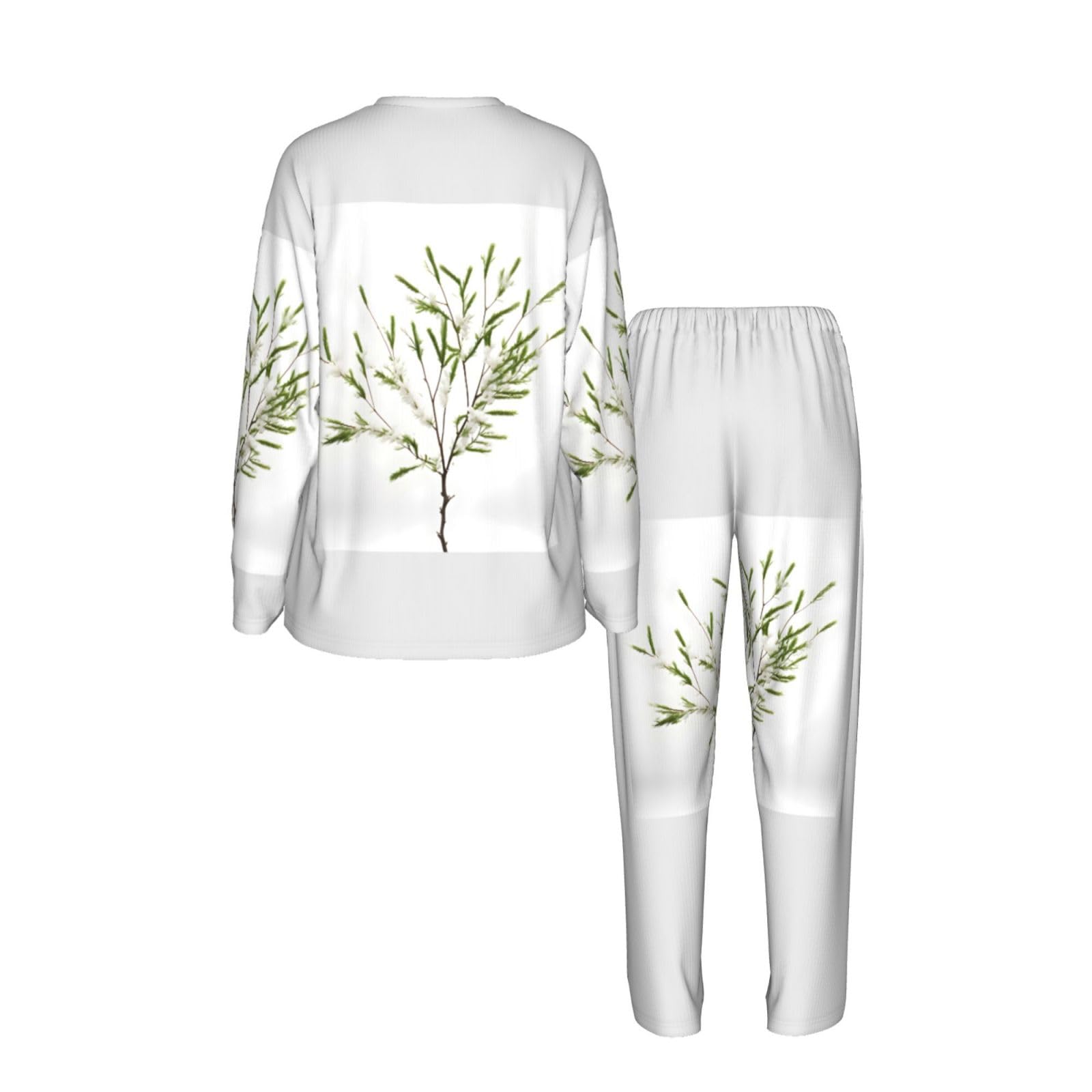 Bianco Pianta Naturale Verde Ramoscello (1) Stampa Donne Manica Lunga Pigiama Corrispondente Morbido Spiaggia Vacanze Nightwear Regalo Casual