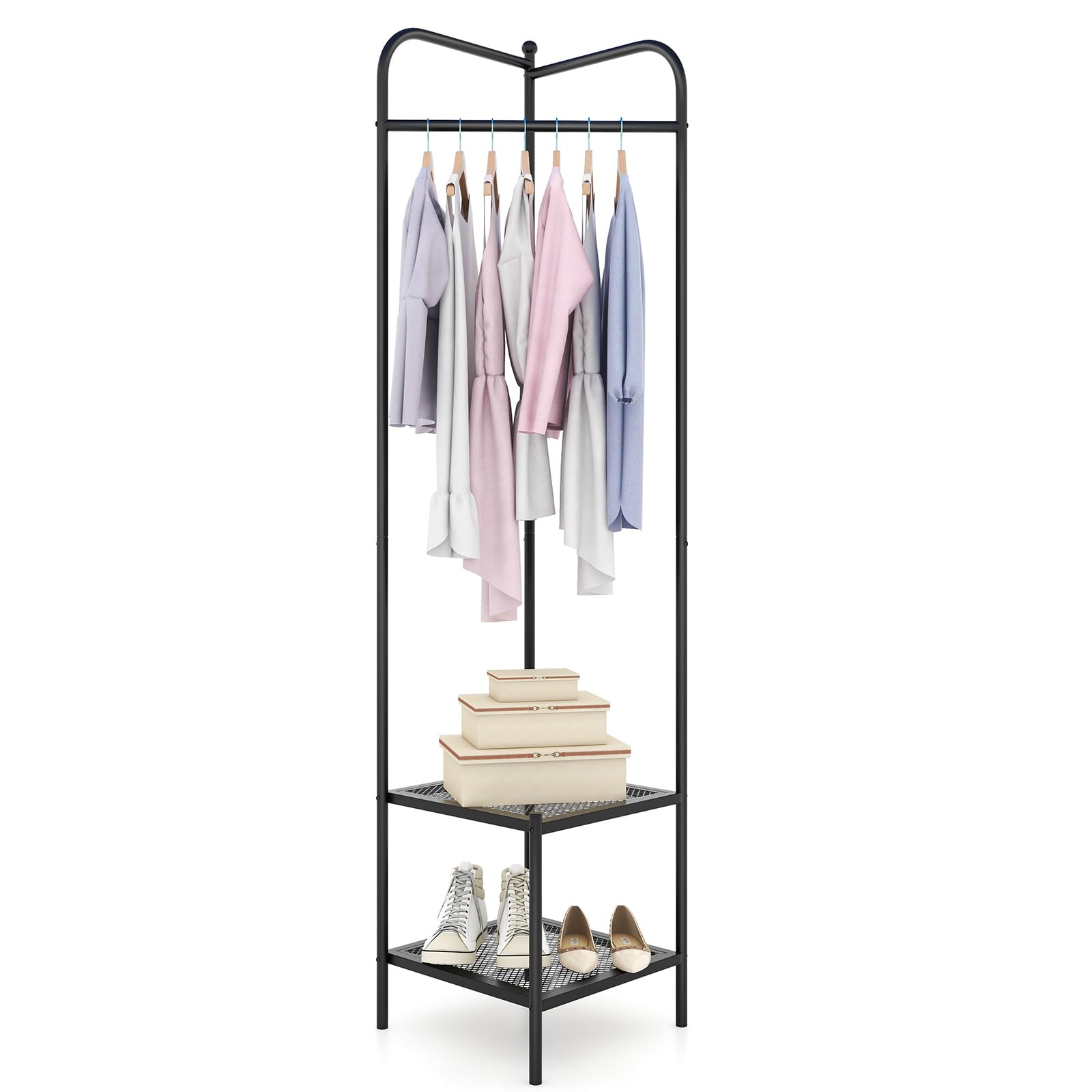 COSTWAY Porte Manteau sur Pieds, Portant a Vetement Solide avec Cintre Supérieur et 2 Étagères en Maille, Kits Anti-Basculement, Vestiaire d'Entrée, Hauteur 193,5 cm, pour Entrée, Chambre (Noir)