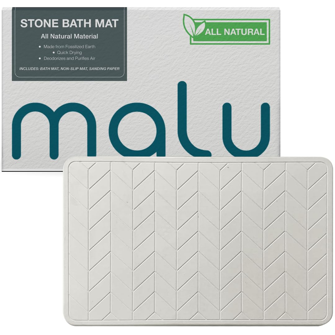malu Diatomaceous Earth Bath Mat - Fast-Drying Water-Absorbent Stone Wide 23.6 X 15.4 inches Non-Slip Stone Mats for Bathroom Shower Floor - Diatomite Bath Mat with Herringbone Design