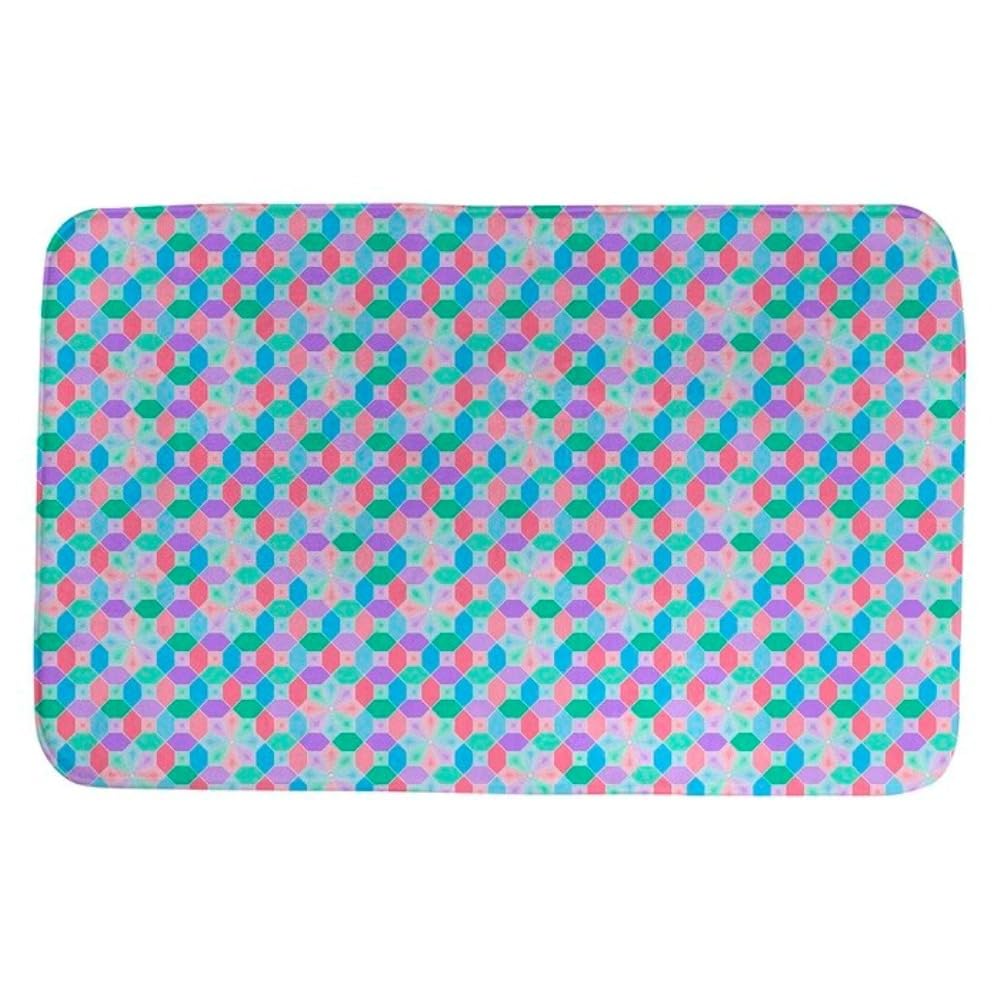 Pretty Green Purple Rectangle Bathroom Rugs Non Slip Backing Adorned with Original Artwork Stylish Geometric Pattern Reinforced Edges