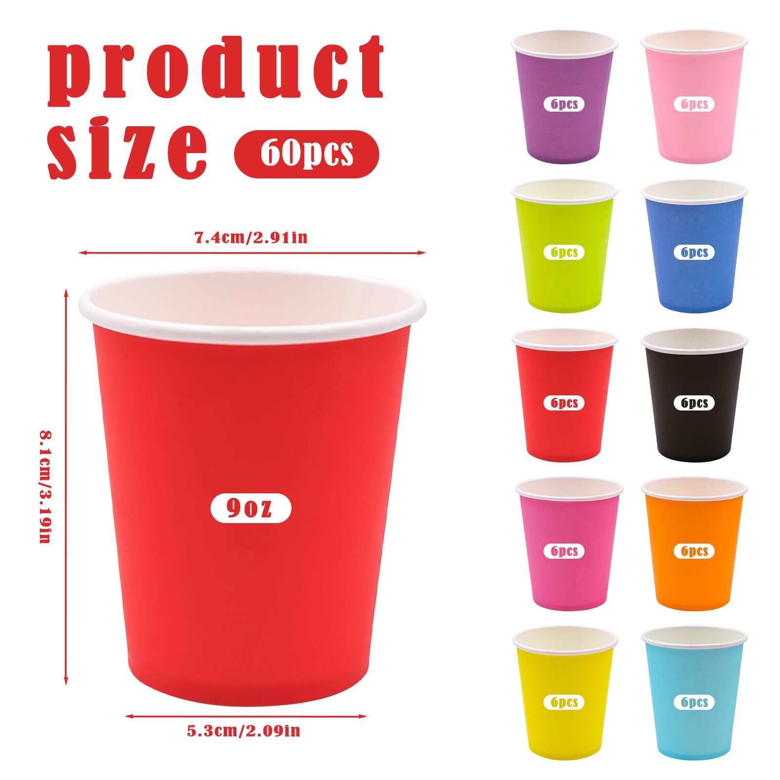 60 kolorowych kubków papierowych, 250 ml, wielokolorowe, na imprezę, do majsterkowania, majsterkowania, wielokolorowych kubków papierowych, do samodzielnego wykonania, na urodziny, święta
