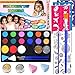 Produktbild TABIGER Kinderschminke Set 16 Schminkfarben Face Paint mit 30 Malerschablonen, 2 Glitzer, 2 Schwämme, 1 Tattoo Aufkleber, Wasserbasiert und Ungiftig, Geschenk für Kinder Partys & Fasching & Halloween