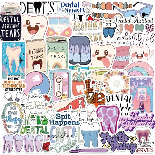 50PCS Cartoon Dental Stickers Funny Tooth Stickers for Teens Cute Dentist Sticker for Water Bottles Laptop Luggage Phone Vinyl Waterproof Decals Doctor Sticker (Dental)