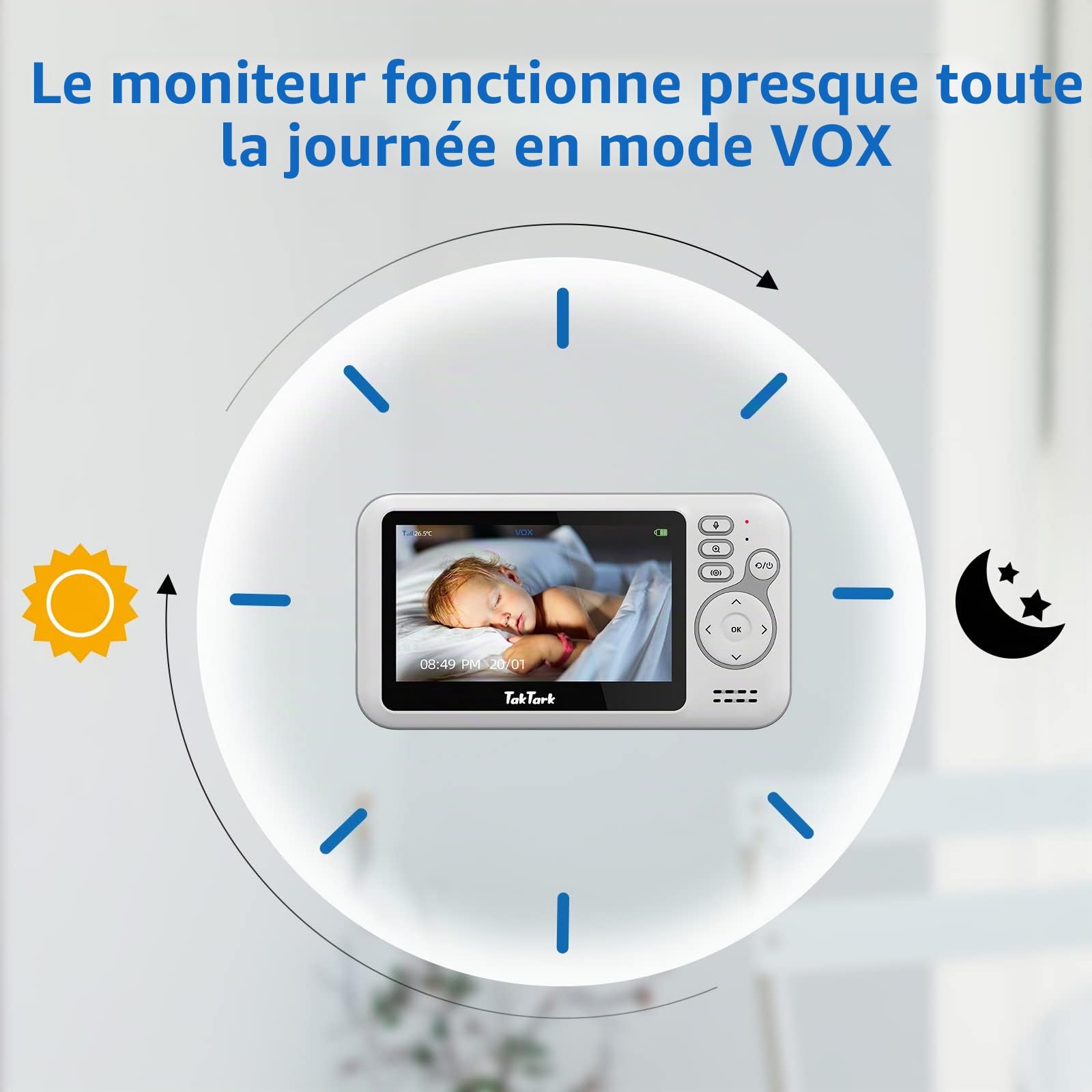 TakTark Babyphone Camera, 4.3'' Video Babyphones Caméra avec 300° Pan-Tilt-Zoom à Distance, Camera Bebe Surveillance de la Température, VOX, Vision Nocturne, Communication Bidirectionnelle