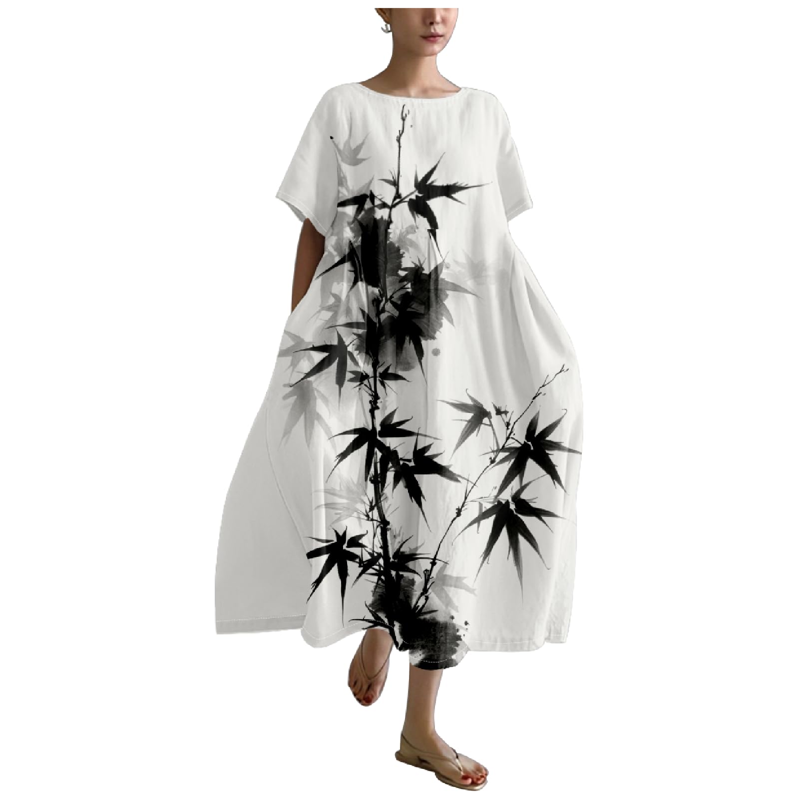 - Cotton Linen Dress Floral Print Casual Loose Short Sleeve Crew Neck Maxi Ladies Flowy Summer Long Dresses