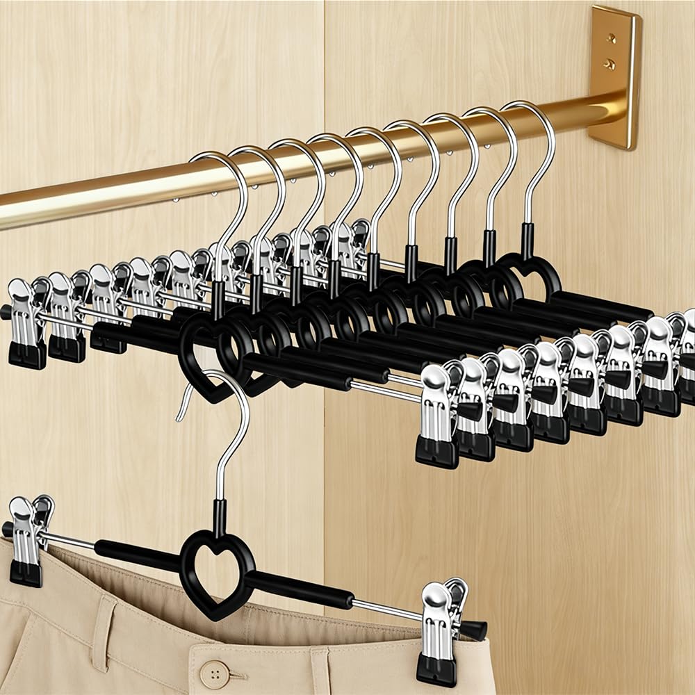 10 Pack Skirt Hangers with Adjustable Non-Slip Clips, 30cm Metal Trouser Hangers, Chrome Heavy Duty Clothes Hangers, Space Saving Wardrobe Storage Organizer for Pants, Skirts, Jeans and Towels, Black