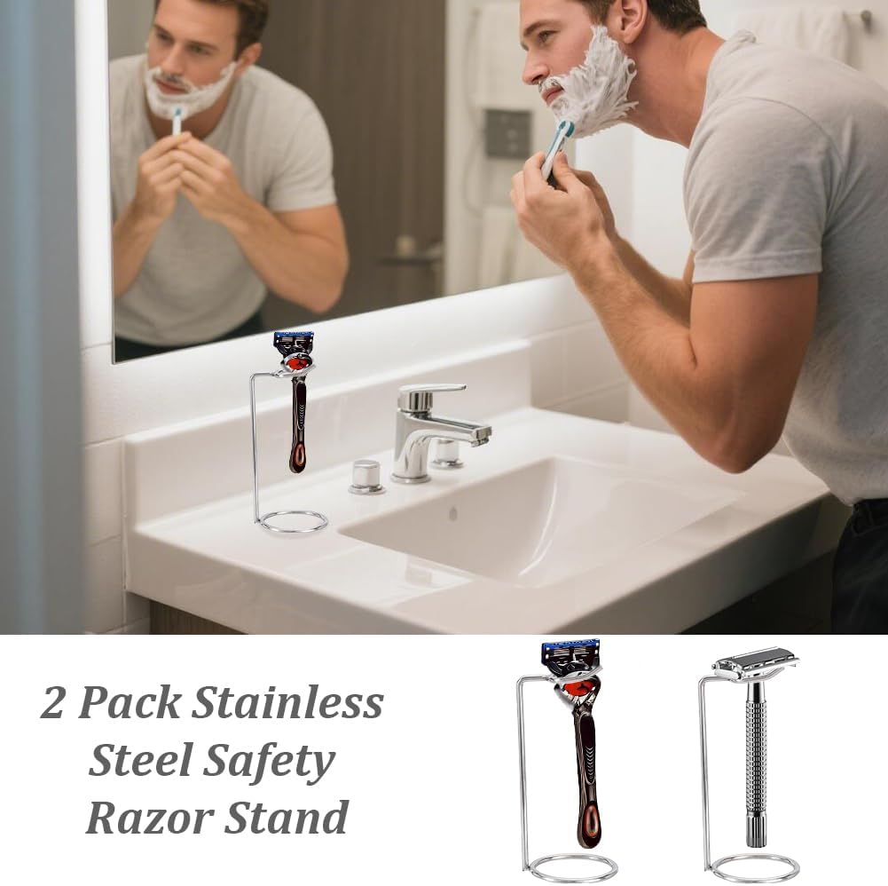 AHANDMAKER 2 Pack Stainless Steel Safety Razor Stand for Razors and Brushes 2x4.8in Heavy Duty Razor Holder Shaving Brush Organizer for Bathroom Travel Fathers Day Christmas Gifts Accessories