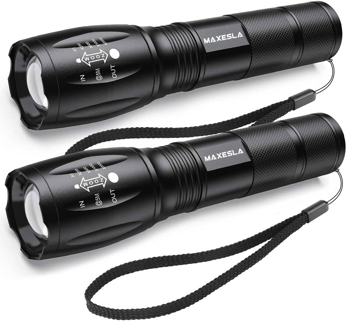 Maxesla 2 Pack LED Torch Gifts for Men Dad Kids - Zoomable Super Bright Flashlight, Water Resistant 5 Modes Mini Tactical Light With Battery for Camping