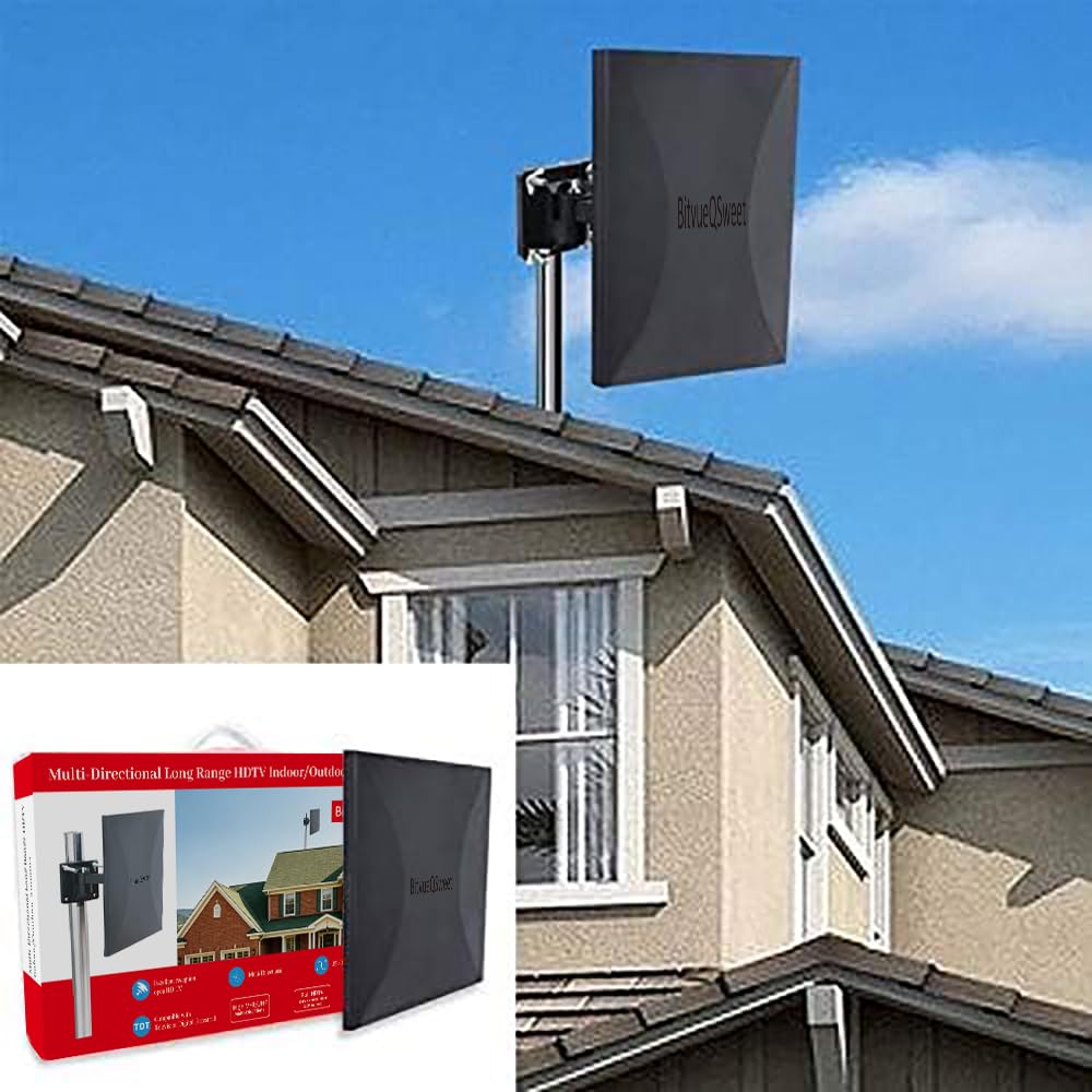 Antenne TNT Extérieure Antenne TV extérieure/intérieure 160 KM Réception, Câble coaxial de 10m, Revêtement Anti-UV, Etanche et au Design Compact