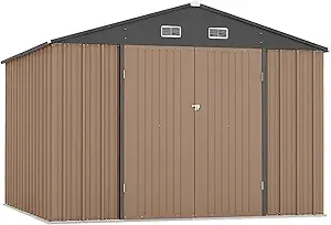 Zstar 10 x 8 FT Outdoor Storage Shed, Metal Steel Shed Storage House with Updated Frame Structure & Lockable Door, Waterproof Garden Steel for Backyard, Garden, Lawn, Patio, Brown