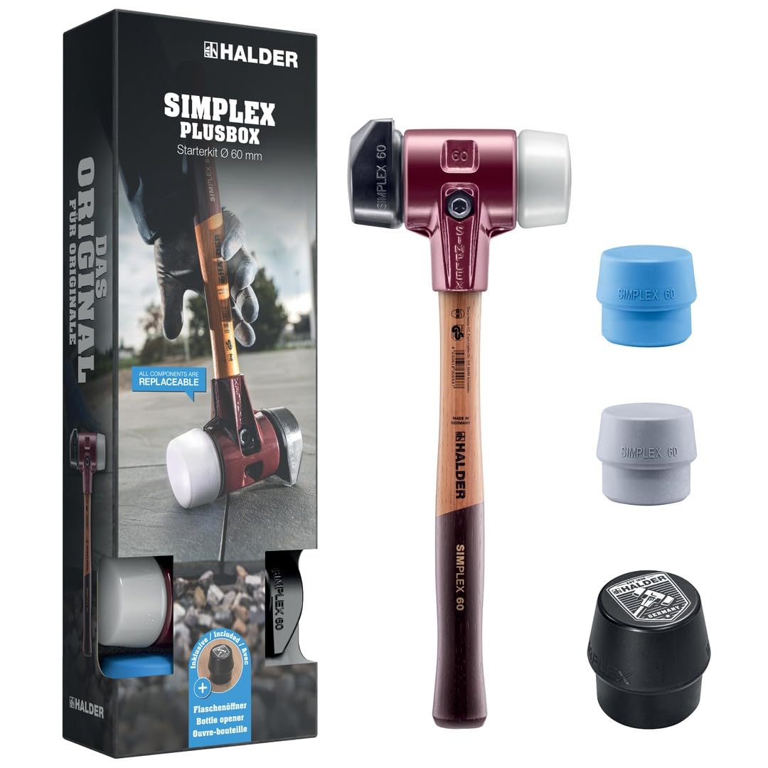 HALDER -Plusbox Starter Kit, SIMPLEX Schonhammer D60, composición de goma con soporte/superplástico, así como un TPE-soft y TPE-mid Schlageinsatz más abrebotellas | 3027s026