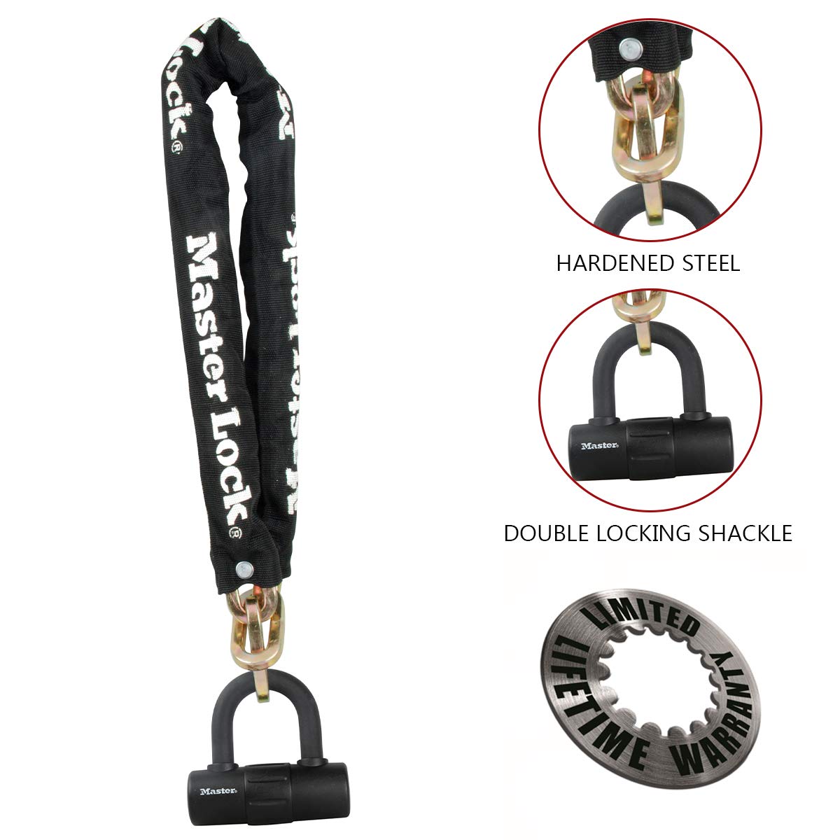 Master Lock Czarny zewnętrzny łańcuch ogniwowy ze stali hartowanej z mini blokadą U do zabezpieczania rowerów, motocykli i skuterów elektrycznych, długość łańcucha wynosi 9 cm x 3/8 cala, mini zamek U