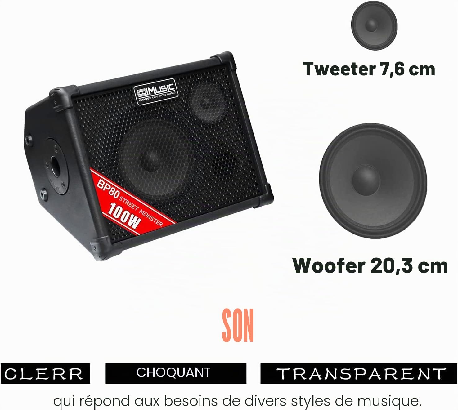 BP80 Amplificateur de guitare acoustique à piles - Haut-parleur Bluetooth portable 100 W, 6 entrées, égaliseur 3 bandes, noir