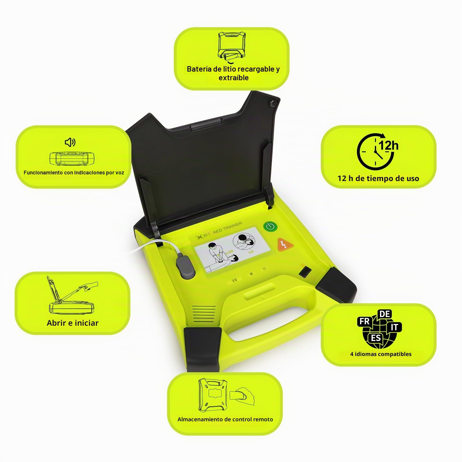 AED Trainer, Desfibrilador Entrenamiento Voz en Español, Italiano, Alemán, Francés, Mando a Distancia, Entrenamiento DESA con 8 Escenarios, Products de Formación Desfibrilador (XFT 120GA)