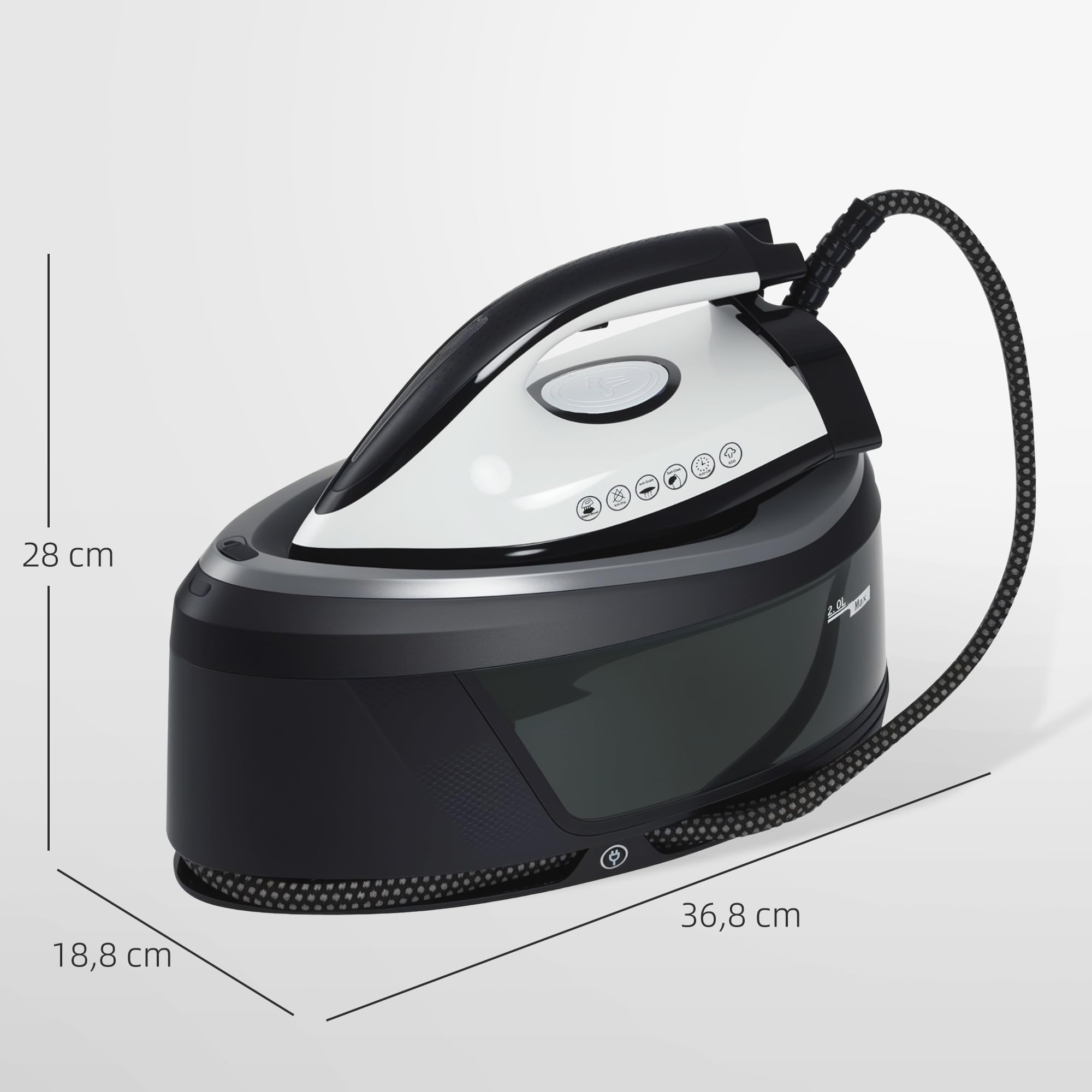 HOMCOM Centro de Planchado 2800W con 8 Bares y 100 g/min Potente Planchado Vertical Función ECO Suela de Cerámica Doble Capa Autolimpieza Sistema Antical Depósito Extraíble 2 L Apagado Automático Azul