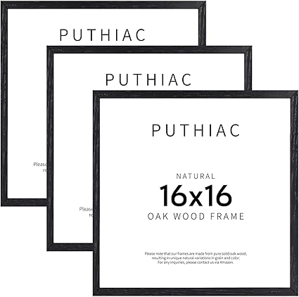 puthiac 16x16 Black Picture Frames for Wall - Minimalist 16x16 Oak Wood Frames, 16"x16" Picture Frame Wood, Natural Solid Wooden Picture Frames for Wall Art Photo and Prints (3 Pack, Black)