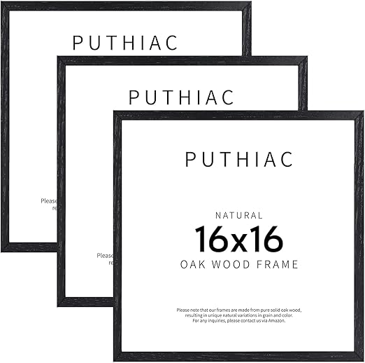 puthiac 16x16 Black Picture Frames for Wall - Minimalist 16x16 Oak Wood Frames, 16"x16" Picture Frame Wood, Natural Solid Wooden Picture Frames for Wall Art Photo and Prints (3 Pack, Black)