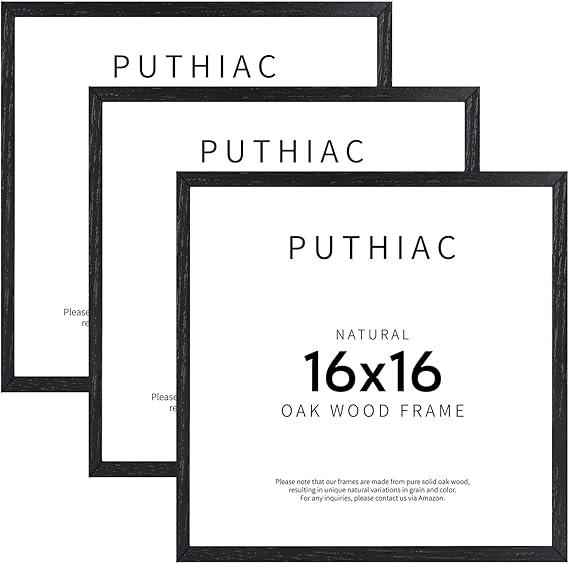 puthiac 16x16 Black Picture Frames for Wall - Minimalist 16x16 Oak Wood Frames, 16"x16" Picture Frame Wood, Natural Solid Wooden Picture Frames for Wall Art Photo and Prints (3 Pack, Black)