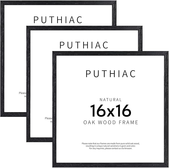 puthiac 16x16 Black Picture Frames for Wall - Minimalist 16x16 Oak Wood Frames, 16"x16" Picture Frame Wood, Natural Solid Wooden Picture Frames for Wall Art Photo and Prints (3 Pack, Black)
