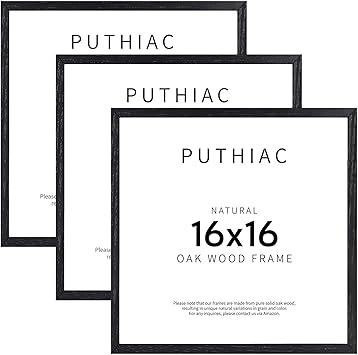 puthiac 16x16 Black Picture Frames for Wall - Minimalist 16x16 Oak Wood Frames, 16"x16" Picture Frame Wood, Natural Solid Wooden Picture Frames for Wall Art Photo and Prints (3 Pack, Black)