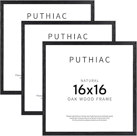 puthiac 16x16 Black Picture Frames for Wall - Minimalist 16x16 Oak Wood Frames, 16"x16" Picture Frame Wood, Natural Solid Wooden Picture Frames for Wall Art Photo and Prints (3 Pack, Black)