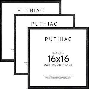 puthiac 16x16 Black Picture Frames for Wall - Minimalist 16x16 Oak Wood Frames, 16"x16" Picture Frame Wood, Natural Solid Wooden Picture Frames for Wall Art Photo and Prints (3 Pack, Black)