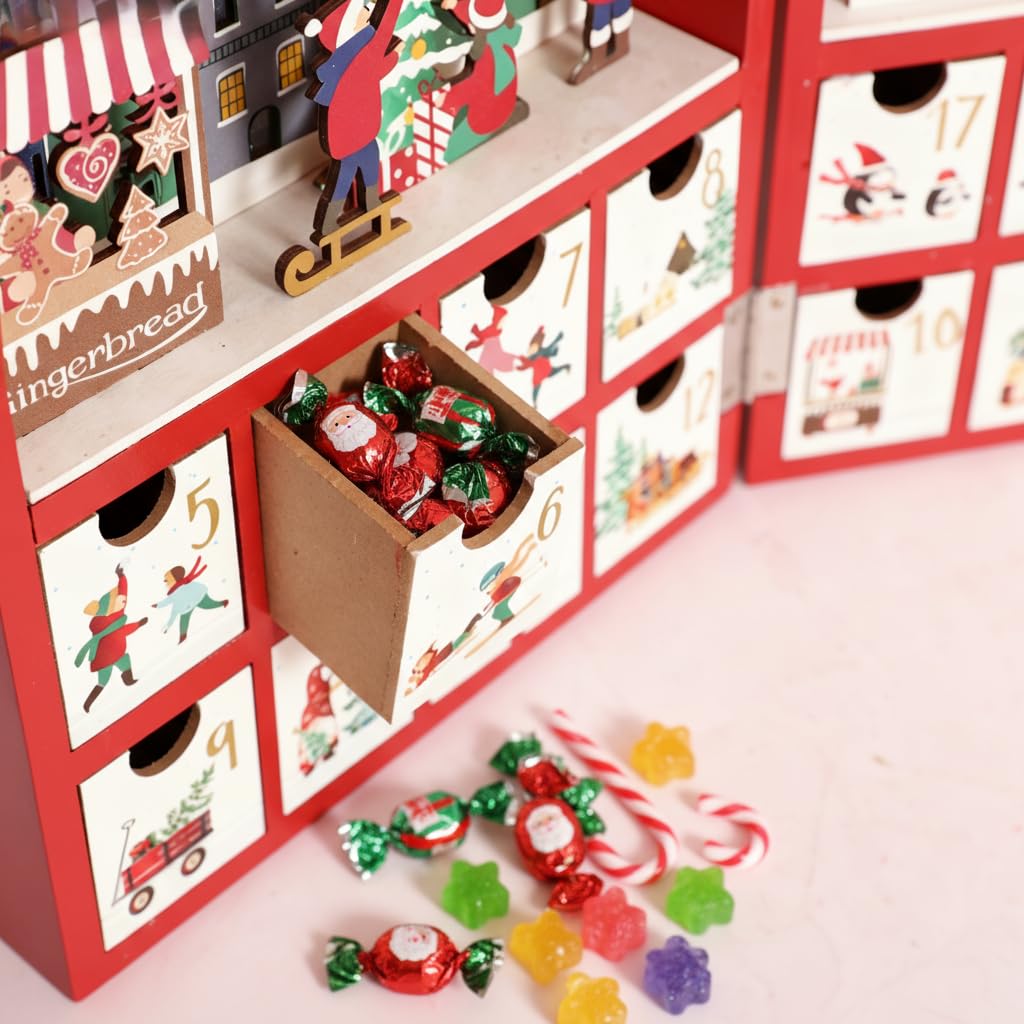 PE Adventskalender Holz befüllbar, LED Weihnachtskalender, 24 Schubladen | Weihnachtskalender, 2 LED-3D-Szenen, Winterdorf und Rentierschlitten, wiederverwendbar, Tischdeko, Batterien nicht enthalten
