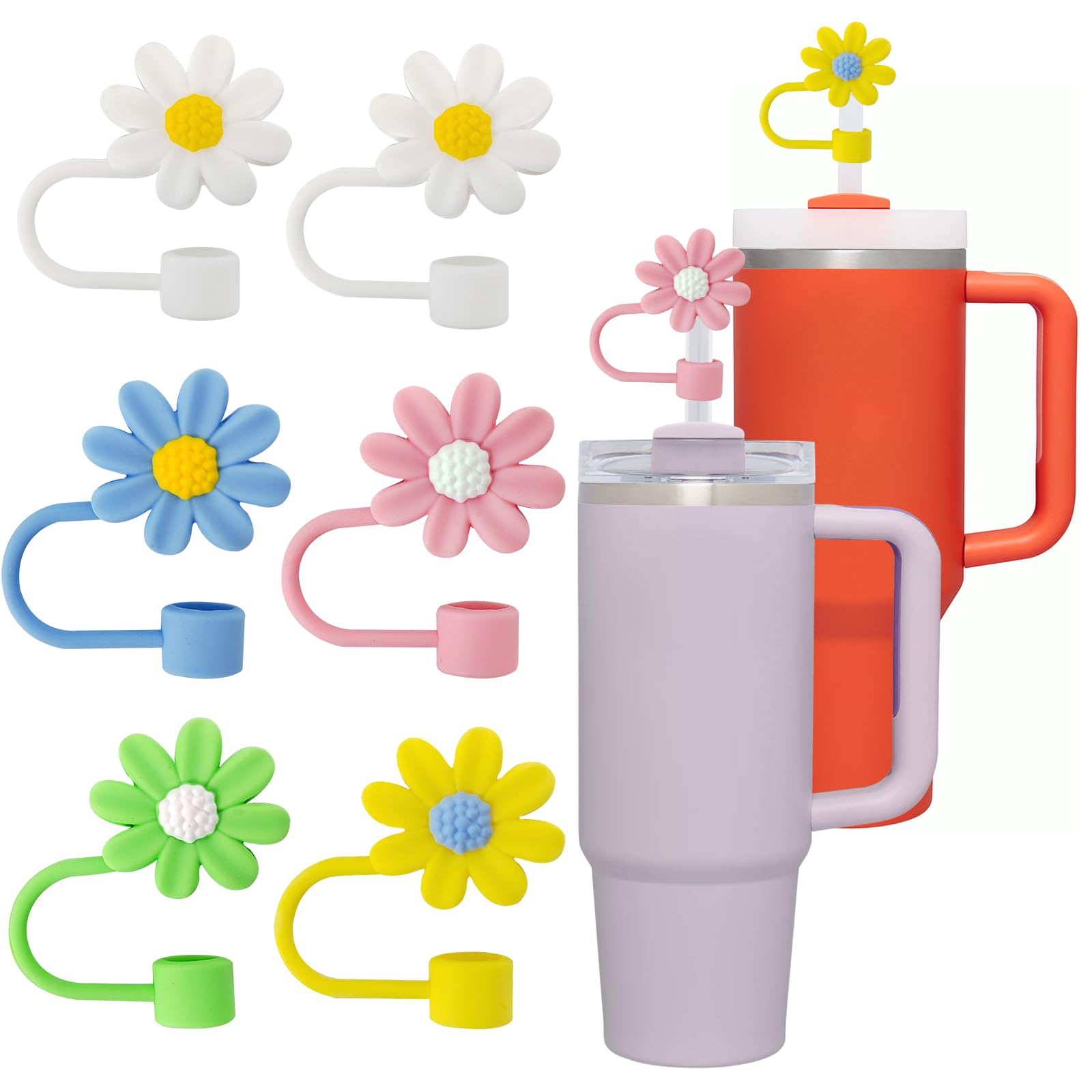 7 Pcs Stanley Cup Accessories – 6 Flower Straw Covers + 1 Boot For 20–40 Oz Tumblers, Reusable & Cute