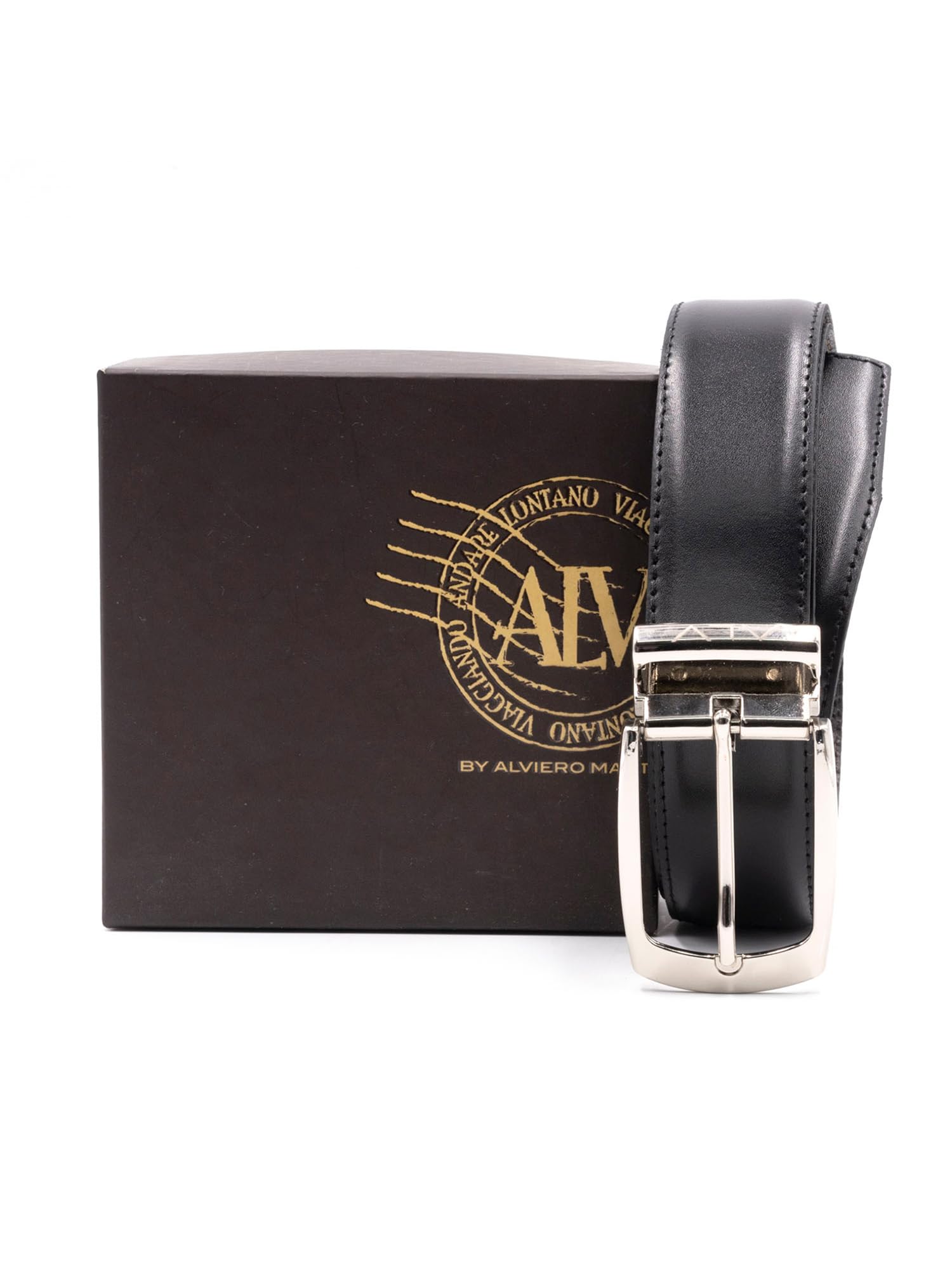 ALV by Alviero Martini Cintura Hombre ALV Alviero Martini Piel Negra Hebilla Plateada Made in Italy Black and Dark Brown 110-125