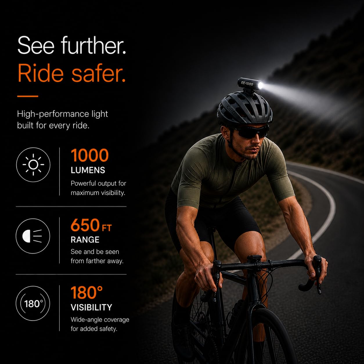 BrightRoad Lampe de casque de vélo 8500 lumens, phare de vélo avec 7 modes, distance d'ajustement de 650, lumières de vélo rechargeables pour conduite de nuit, support de casque de vélo, phare de vélo