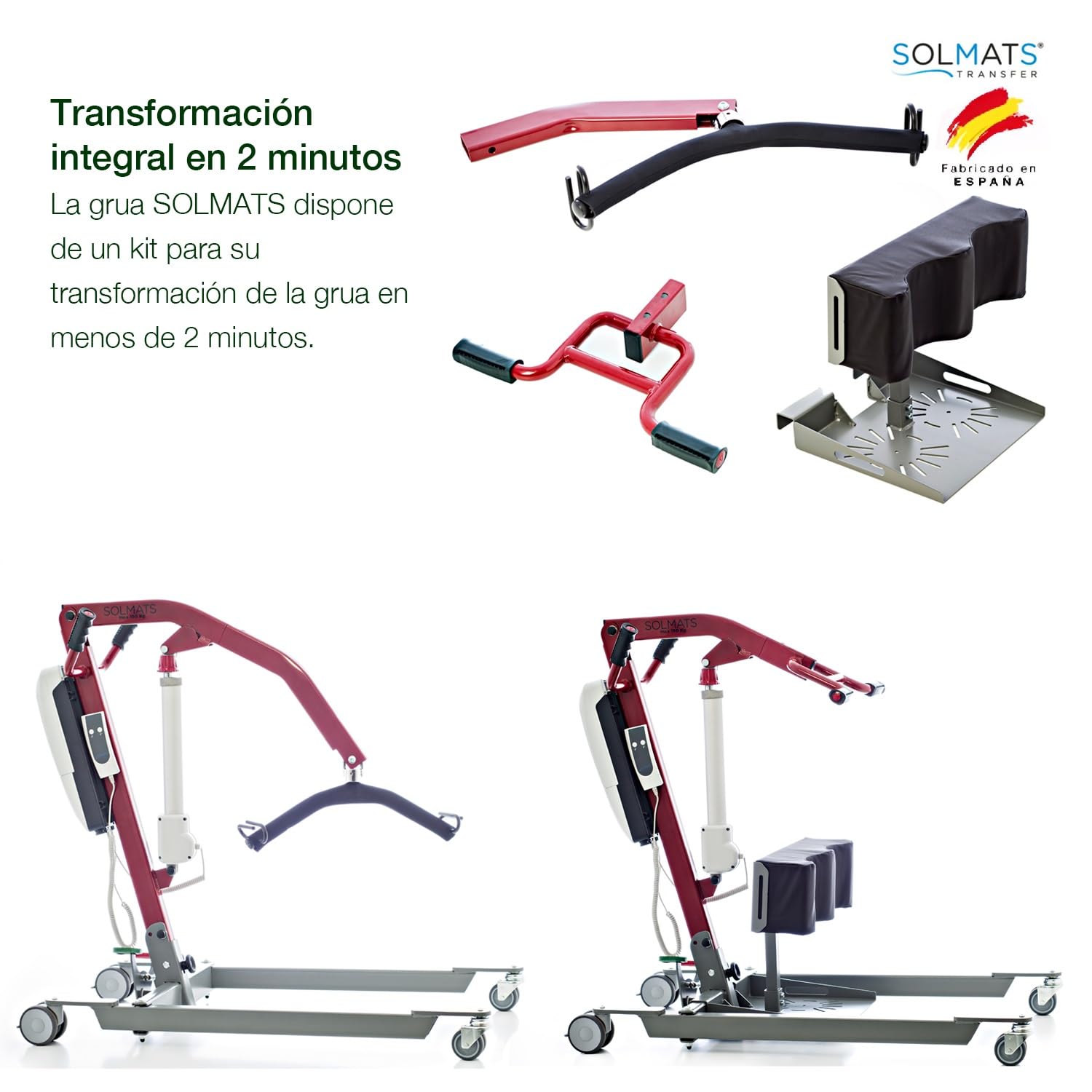 Grúa enfermos, Grúa para personas mayores, Grúa electrica, 150 KG, Solmats Grúa dúo, Grúa dos en uno, Personas Mayores, Dos arneses incluidos, Fabricado en España
