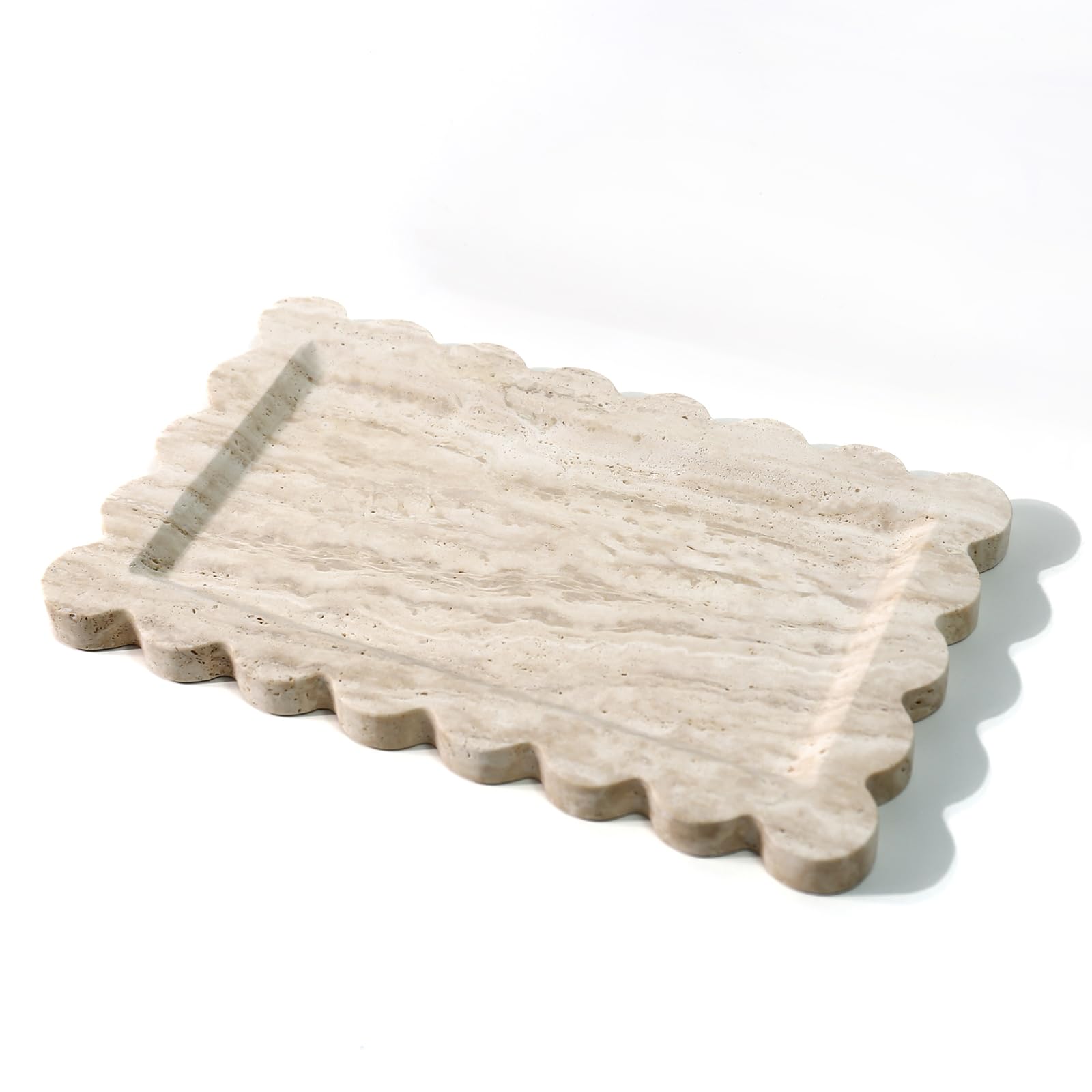 Natural 100% Marble Vanity Tray - Luxury Scalloped Beige Travertine Storage Tray for Home Decor (Rectangle-11.8 * 7.4)