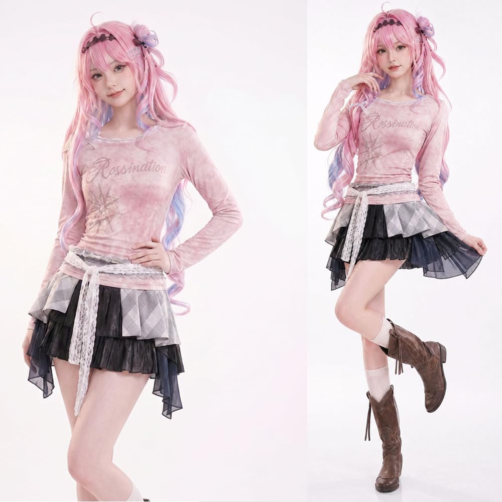 Gra Cosplay kostium kobiety różowy top krótka spódnica codzienne noszenie i peruka garnitur