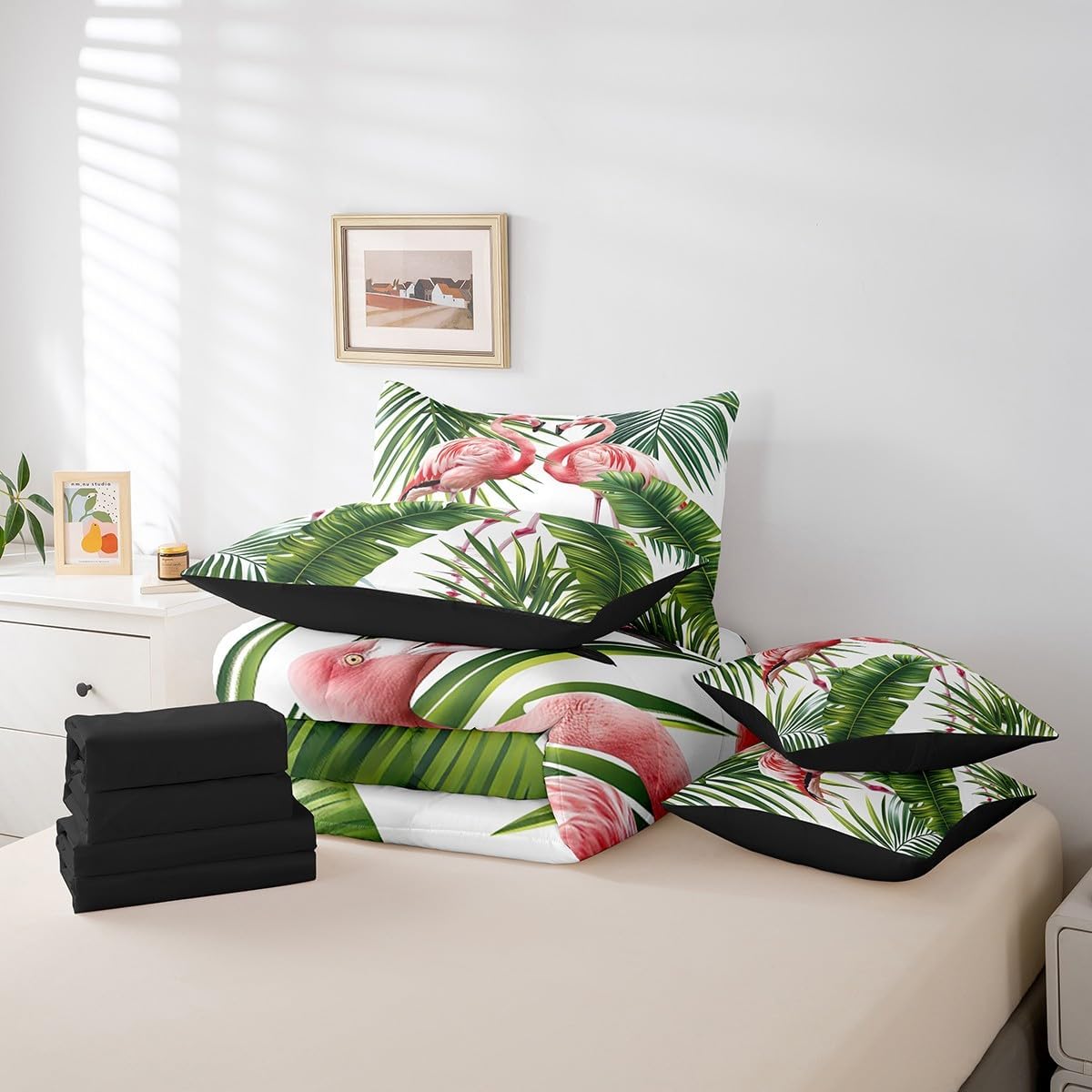 Wild Flamingo Queen Comforter Set 7PcsGreen Palm Tree Leaves Bedding Comforter Sets, Tropical Theme Bed in a Bag Botanical Plants Bedding Set, Jungle Wildlife Animal Bed Sheets Set Nature Room Decor