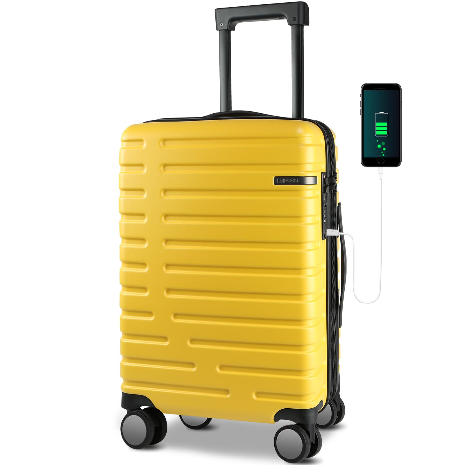 EMPSIGN Valigia Cabina 20" Rigida PC Espandibile, Bagaglio a Mano Leggero | giallo, lucchetto tsa, ruote 360° silenziose, apertura superiore, spazio extra 5 cm, resistente, per viaggio e lavoro