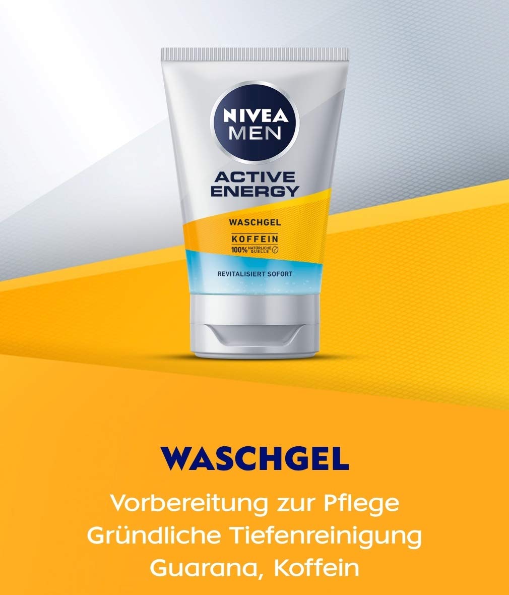 NIVEA MEN Active Energy żel do mycia (100 ml), żel do mycia z kofeiną ze 100% naturalnego źródła, odświeżające i gruntowne oczyszczanie twarzy