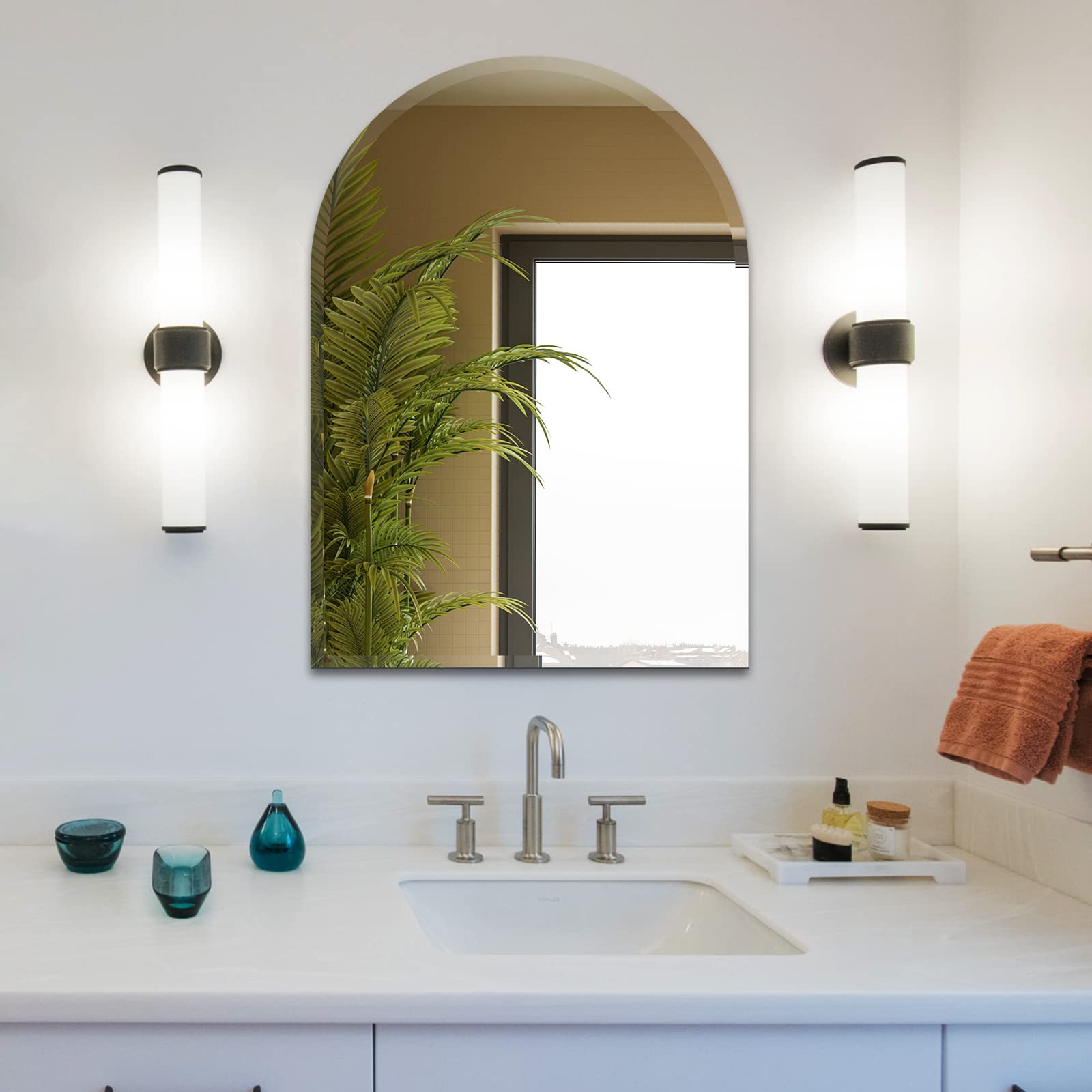 PANDEELS Arched Frameless Mirror 24 x 36 Inch - Beveled Polished Edge - Arch Hanging Wall Mounted Mirror for Bathroom, Living Room, Bedroom, Entryway