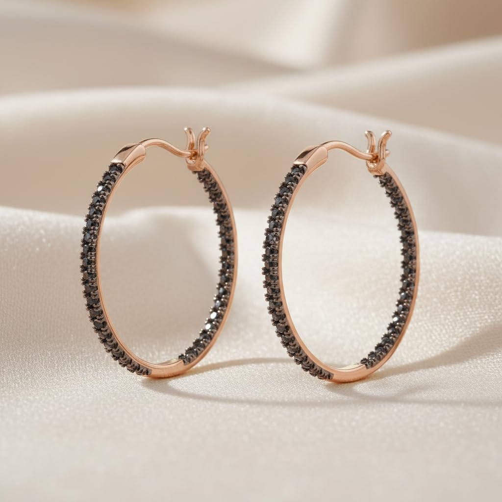 JEWEL ZONE Black Natural Diamond Accent Inside Out Hoop Earrings 14K Gold Over Sterling Silver, Gift For Her Hypoallergenic Jewelry for Sensitive Ears Large Big Hoop Earring
