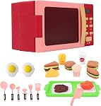 Toy Microwave Oven Playset with Light and Sound, Kitchen Appliances Play Set for Kids, Play Kitchen Accessories and Toy Food for Toddlers 3 Year Old Up Girls Boys, Red