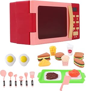 Toy Microwave Oven Playset with Light and Sound, Kitchen Appliances Play Set for Kids, Play Kitchen Accessories and Toy Food for Toddlers 3 Year Old Up Girls Boys, Red