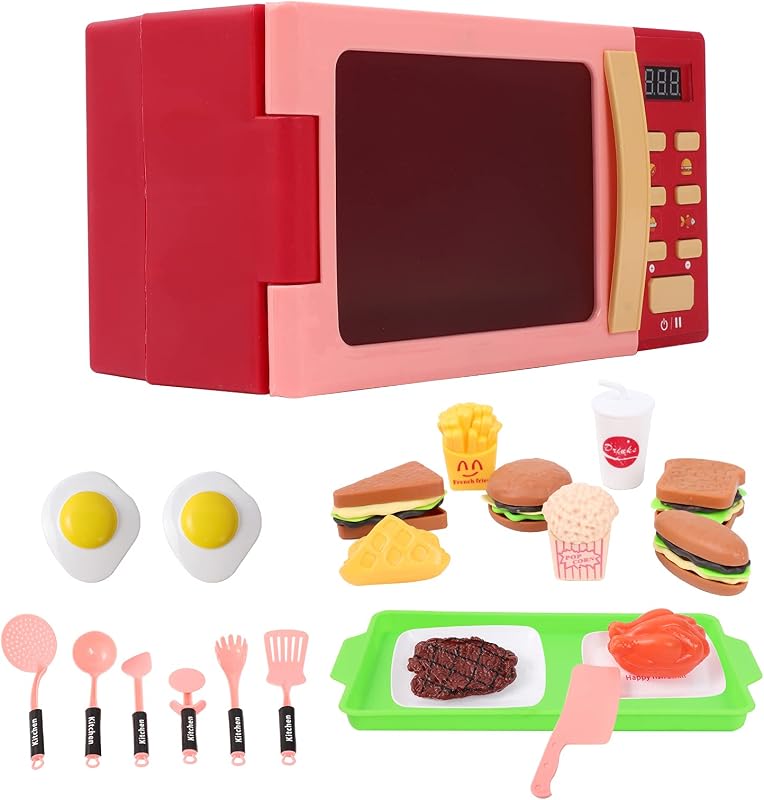 Microondas de Juguete con Luz y Sonido, Electrodomésticos de Cocina de Juguete Realistas, Rojo