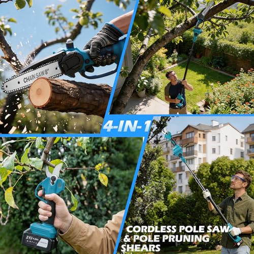 4-in-1 Cordless Pole Saw & Pruning Shears with 2 x 4.0Ah Battery, 8 Inch Mini Chainsaw & Electric Pruner with 14.5 Ft Reach Extension Pole, Battery Powered Pole Saw Pruner for Tree Trimming/Cutting by RAXONE - Image 2